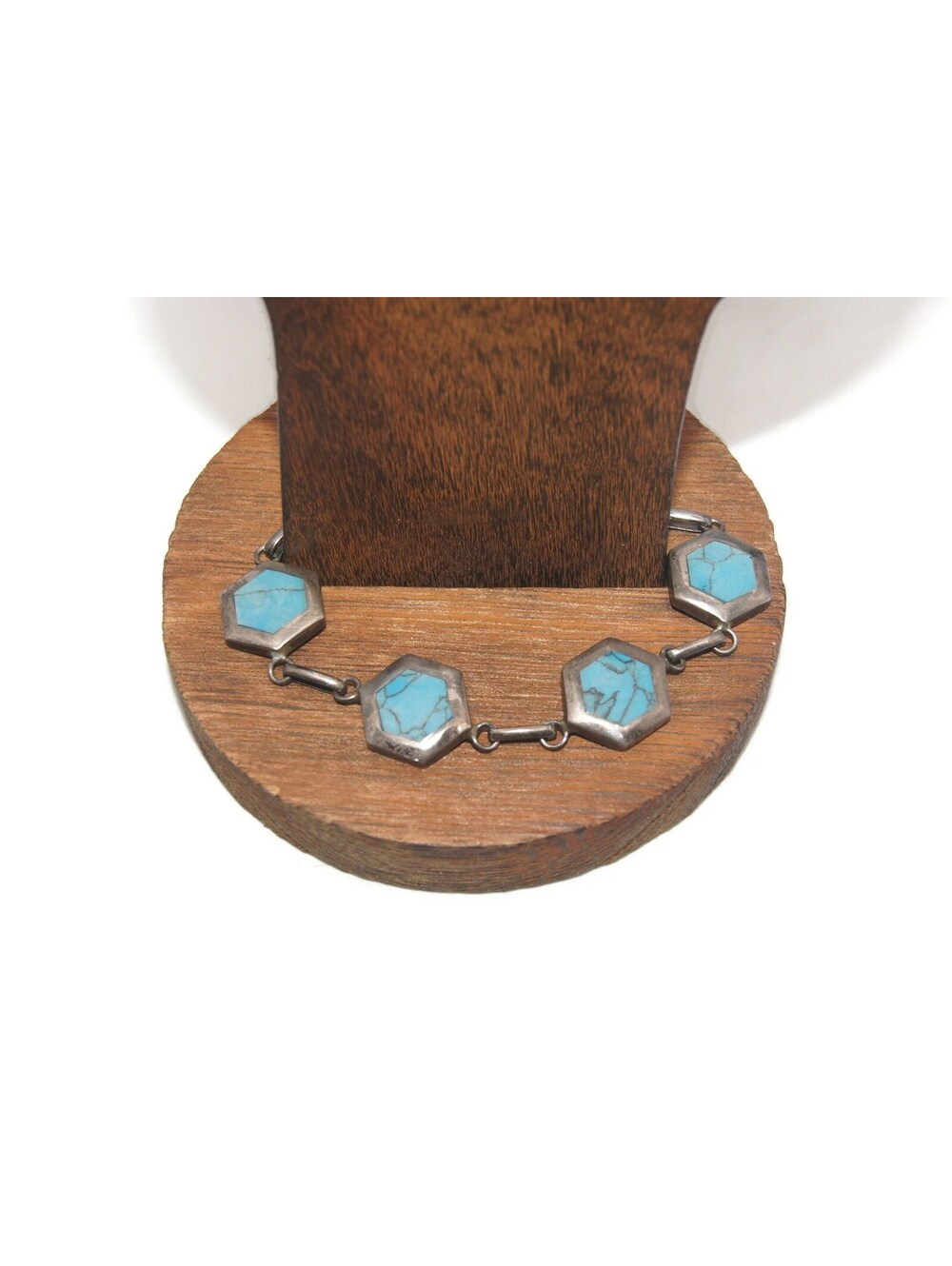 Antique 950 Sterling Silver and Turquoise 7 Inch Link Bracelet.